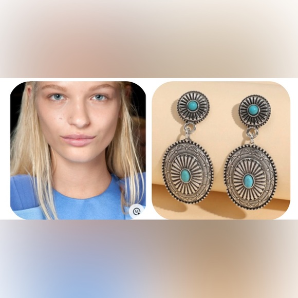 Cow Girl Turquoise Stone Silver Drop Earrings - Picture 4 of 14